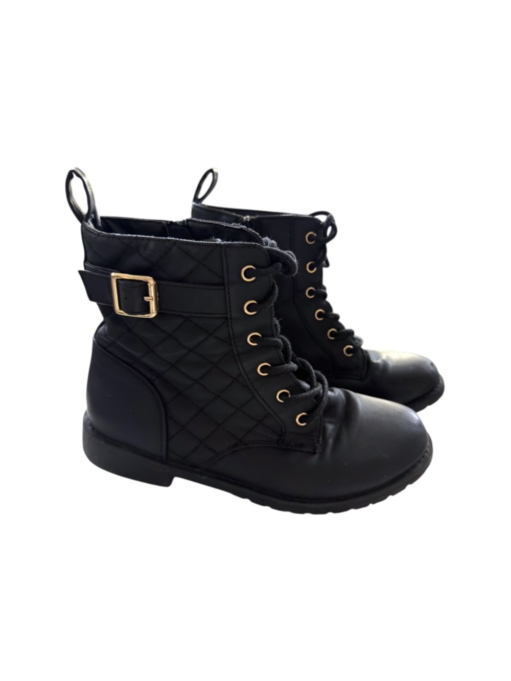 Girls Black Combat Boots Size 4 Quilted Lace-Up Buckle Ankle Boots